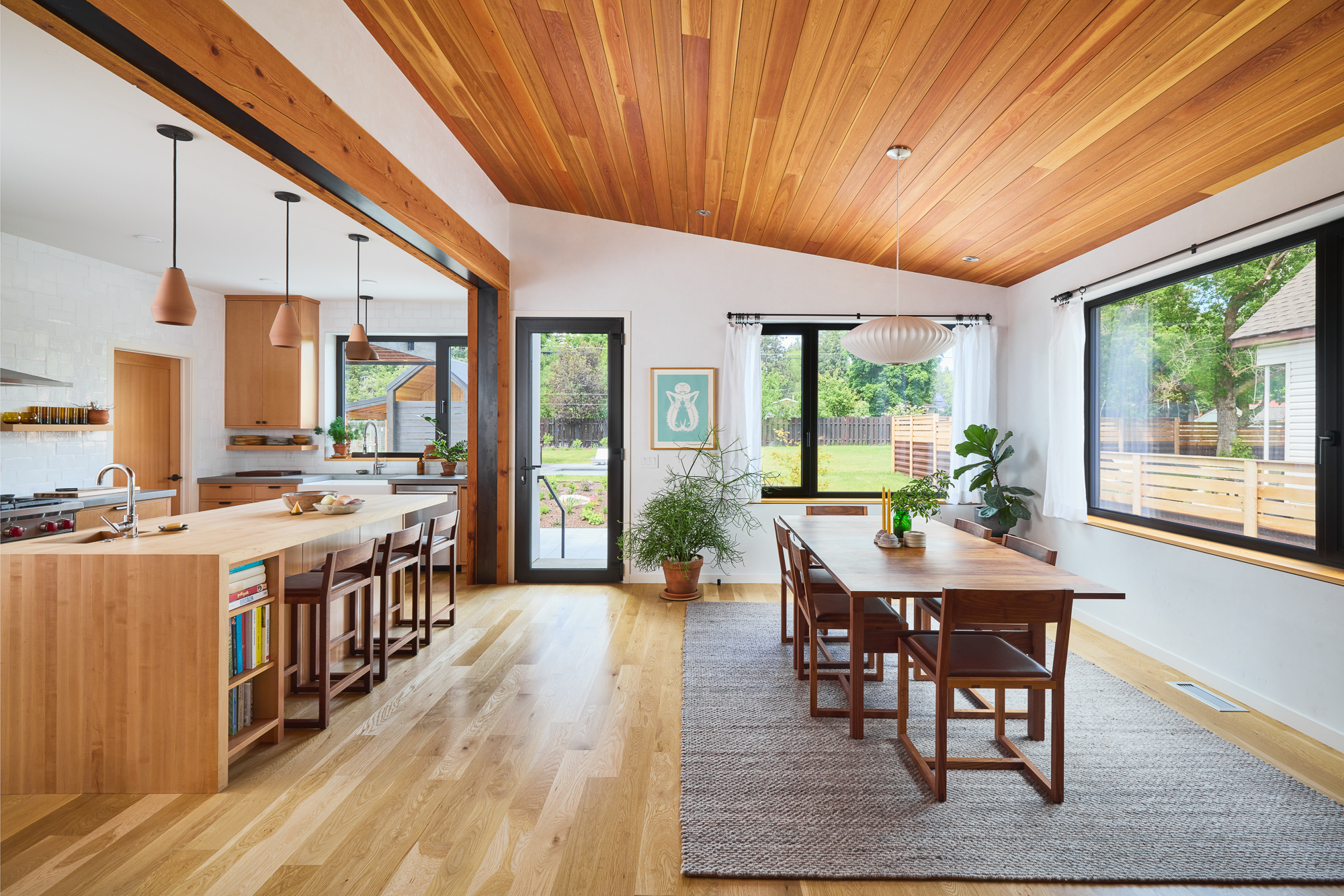 Linden Residence — Kitchen & dining under cedar ceiling
