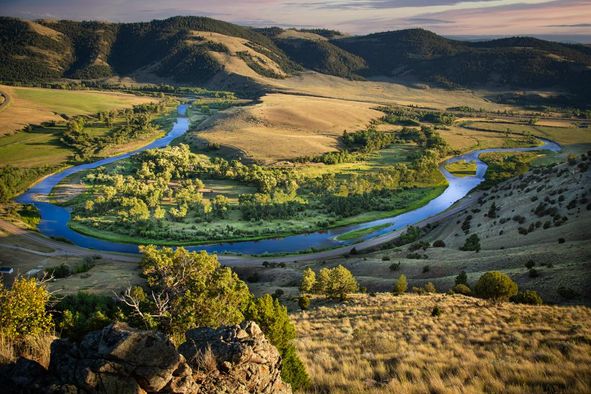 Golden ranchland of the Flint Creek Valley in Granite County, Montana at sunset