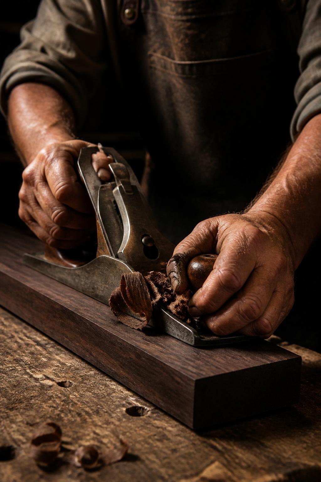 Craftsman hands using a hand plane on hardwood
